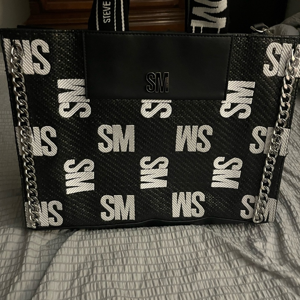 Steve Madden Black & White Logo Tote Bag Chain Accent Purse NWOT